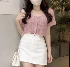 ♡GRL♡テープヤーンニットカーディガン[dr695] ピンク 半袖のサムネイル