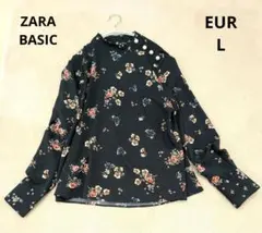 【美品】ザラベーシック　フラワープリントハイネックブラウス　パール調ボタン　Lのサムネイル