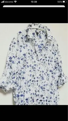 BENETTON ブルー花柄 七分袖ロングシャツ