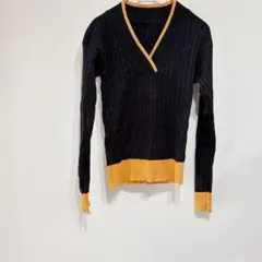 リブニット セーター リブ編み Vネック 長袖セーター 黒とオレンジ