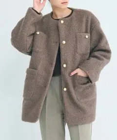 【coca】プードルボア金釦ノーカラーコート ブラウン　Mサイズ