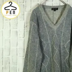 【おしゃれコーデ】Vネックニットセーター 総柄 幾何学模様 くすみカラー M