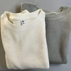 ユニクロ ワッフルクルーネック長袖オフホワイト モスグリーン 2枚組 120cm