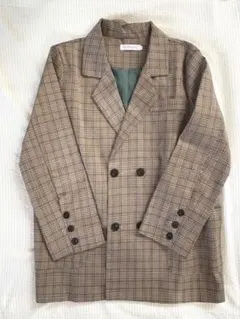 【美品】ブラウン系 タータンチェック ダブルブレストジャケット Lサイズ
