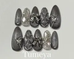 ネイルチップ　韓国　ワンホン　黒　ブラック　キルティング　y2k ハート　蝶々