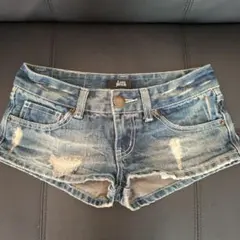 デニムショートパンツ ダメージ加工 ブルー