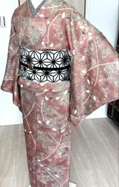 小紋♦︎袷♦︎正絹★ヴィンテージ★あずきがかった桜色とわさび色のグラデーション