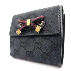グッチ 二つ折り財布 リボン シェリーライン GGキャンバス ブラック