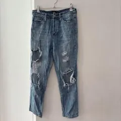 シンプルソサエティ デニムパンツ ストレート ダメージ 青 M 綿 お出かけ