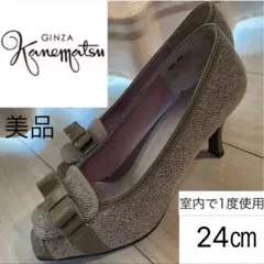 美品☆銀座かねまつ☆リボン☆パンプス☆ヒール☆ツイード☆秋☆24