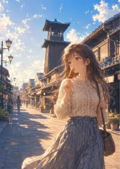 【イラスト】古い町並みと少女 アートポスター