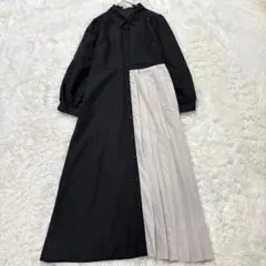 ハドソンハニー シャツワンピース プリーツ切替 バイカラー 黒ベージュ M 韓国