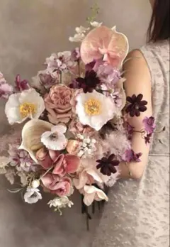 オーダーメイド胡蝶蘭ブーケ3点セット＊くすみピンク×パープル×ダリア入り美品