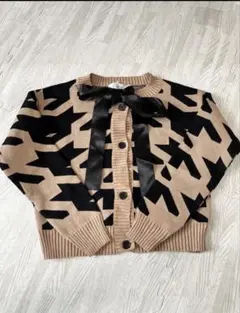 【新品タグ付き】Conte リボン付き 千鳥格子 カーディガン M