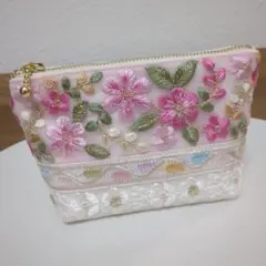 インド刺繍リボン　マチ付きポーチ