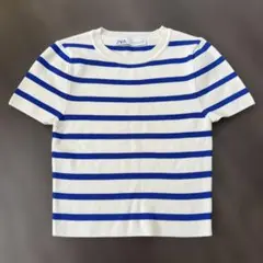 ZARA ボーダーニット 半袖 ホワイト ブルー Sのサムネイル