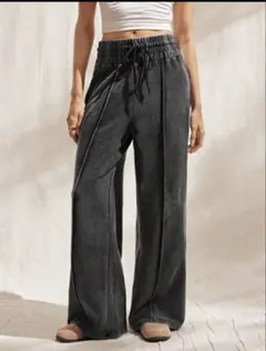ワイドパンツ　デニム風　シーイン　ウエストゴム