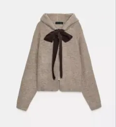 ZARAフード付きタイベルトニットカーディガン　リボン　パーカー　フーディ