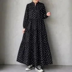 水玉 レトロ 総柄 ワンピース Lサイズ ぽわん袖 体型カバー ドット