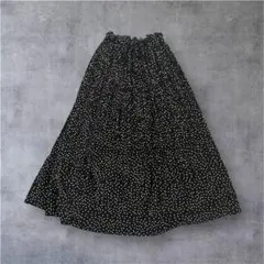 【ナチュラル】ドット柄 フレアロングスカート ブラック ウエストゴム 古着女子