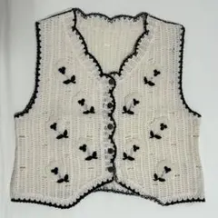 パイル刺繍 お花 かぎ編み ニットベスト アイボリーのサムネイル