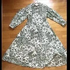 フロッキー長袖フレアワンピース　グリーン系 フリーサイズ