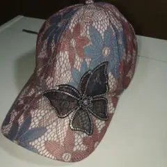 花柄レースキャップ 蝶モチーフ