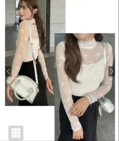 リボンドット柄シースルーハイネックトップス[dk1274]ホワイトグレイルGRL