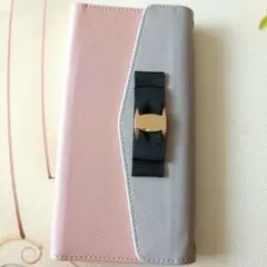 GALAXY Note20Ultra手帳型スマホケース ピンク×グレー リボン