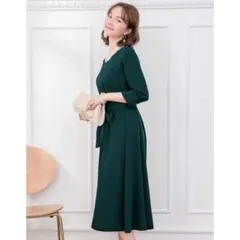 新品 ドレスプラス 3XL ダークグリーン フレアワンピース 2WAY リボン
