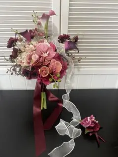 えみり様　ウエディングブーケ ブライダルブーケ ブートニアセット くすみピンク