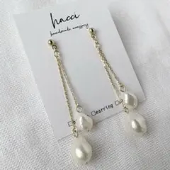 #385 淡水パール2連チェーンピアス/イヤリング変更可　ゴールド　ハンドメイド