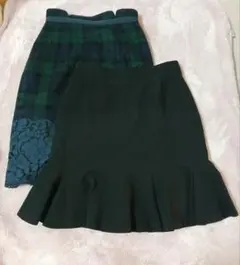 チェック柄&レースのタイトスカート、黒のマーメイドスカート 2点セット