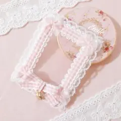 B8サイズ　トレカケースデコ　硬質ケース　硬化ケース　レースデコ　ピンクチェック
