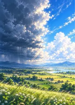 【イラスト】雨雲と夏の田園風景 アートポスター