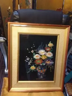 アンティーク】額装 額縁 宝石画 原石 鑑賞石 花瓶 花 絵画 ストーン