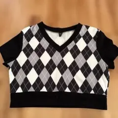 SHEIN アーガイル柄 Vネック 半袖 クロップド丈 トップスのサムネイル