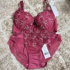 リサマリ　E65 レディース　ブラジャー　ショーツセット 花　レース　レッド系のサムネイル