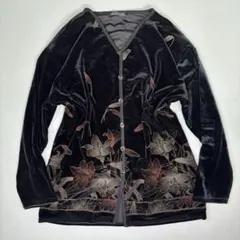 vintage ベロア 長袖カットソー 花柄 ブラック 肩パッド モード 古着