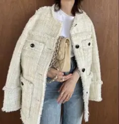 極美品　CLANE ノーカラー　ツイードジャケット　ホワイト　サイズ1　M相当 極美品】CLANE ノーカラー ツイードジャケット ホワイト サイズ1 M相当