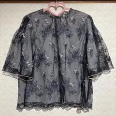 【美品】ミスティーウーマン フローラル刺繍ブラウス フラワーレース ブラック 黒