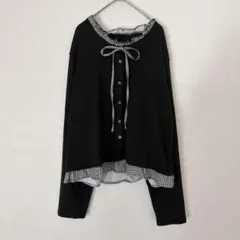 レディース 長袖 カットソー ギンガムチェック リボン L