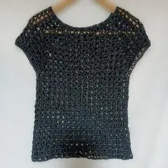 ハンドメイド☆手編み☆透かし編み 黒ラメ入りニットベスト