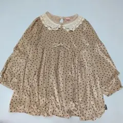 160★メゾピアノ★かぎ編み襟＆リボン付き！ドット柄ベロアチュニックカットソー★