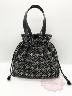 インド刺繍生地の巾着トートバッグ♡ブラックブルー花きんちゃく