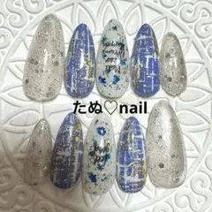 BLUEツイード押し花ネイル（Sサイズ）No.246