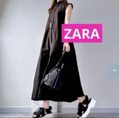 ❤︎ZARA❤︎ Ｍ ミディ ボリュームワンピーノースリーブ 黒 後ろ襟リボン