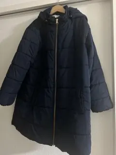 ネイビー中綿ロングコート フード付き