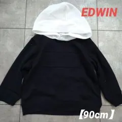 【90cm】EDWIN コントラストパーカー 黒/白　ツートン　エンボス　ロゴ