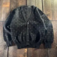 古着　イタリア製　ニットカーディガン　総柄　ユーロヴィンテージ　L チャコール.